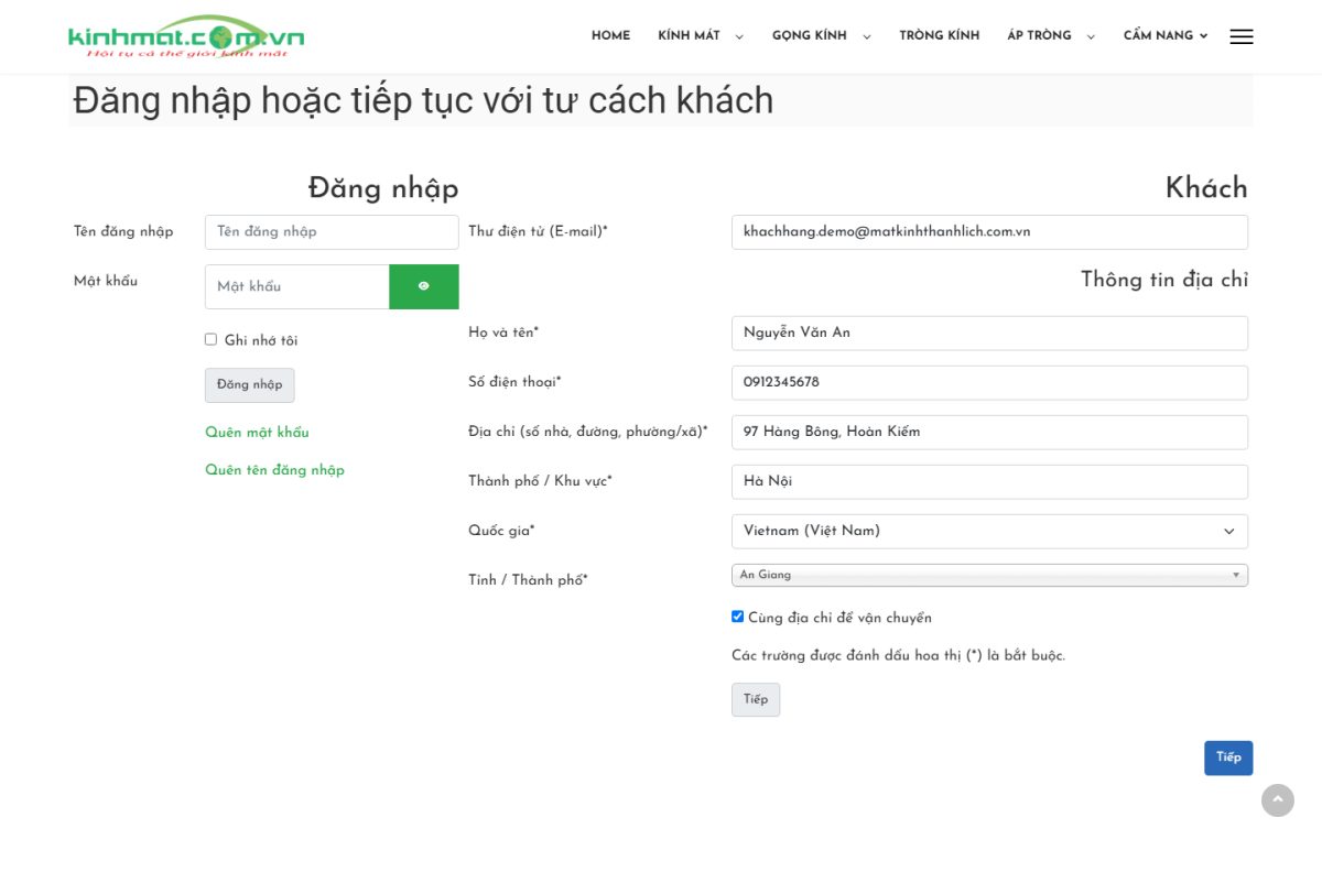 Điền thông tin nhận hàng khi mua với tư cách khách