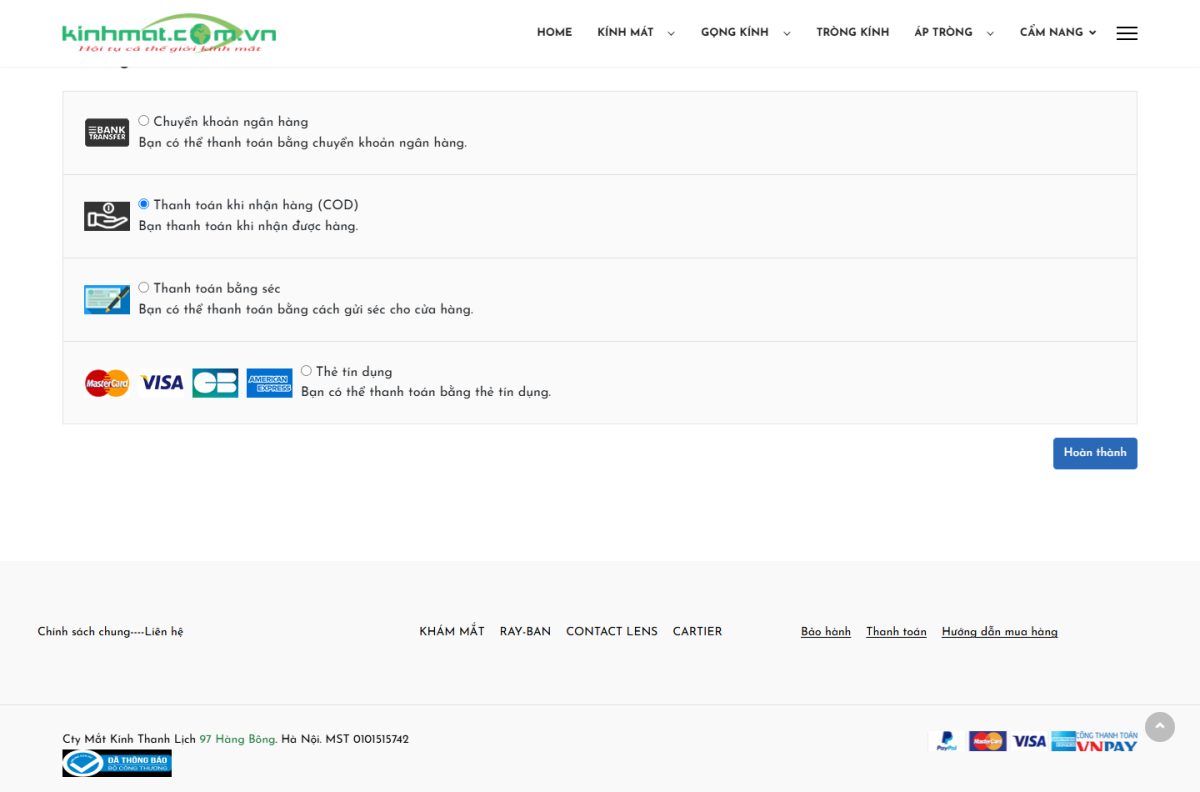 Danh sách phương thức thanh toán trên website