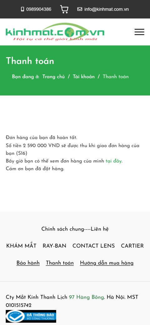Đặt hàng thành công trên điện thoại